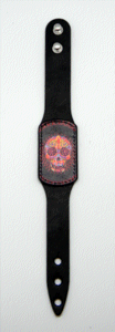 Black Leather Day of the Dead Bracelet with Multi Colored Head